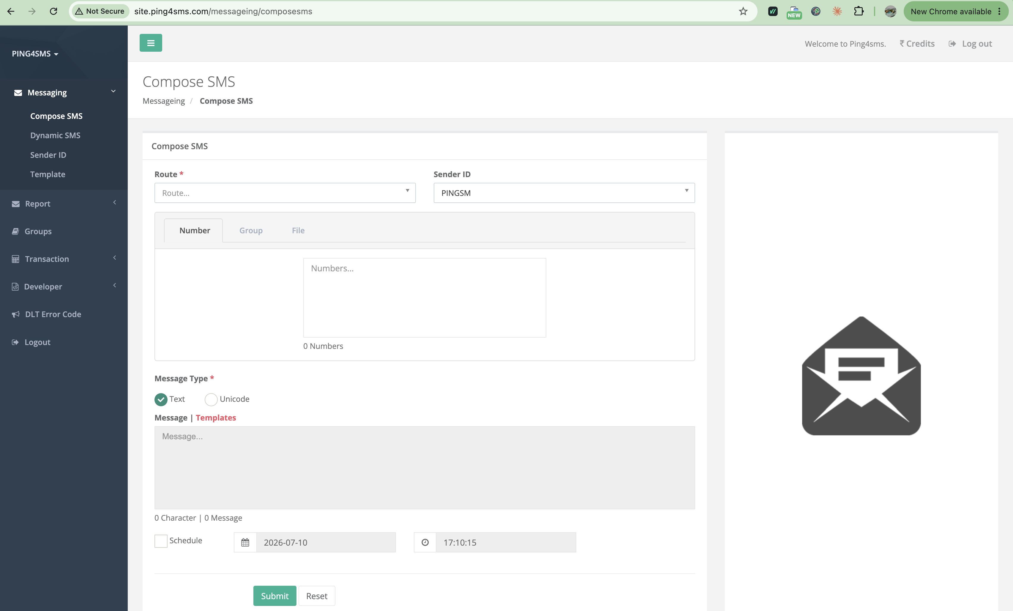PING4SMS Compose SMS Dashboard