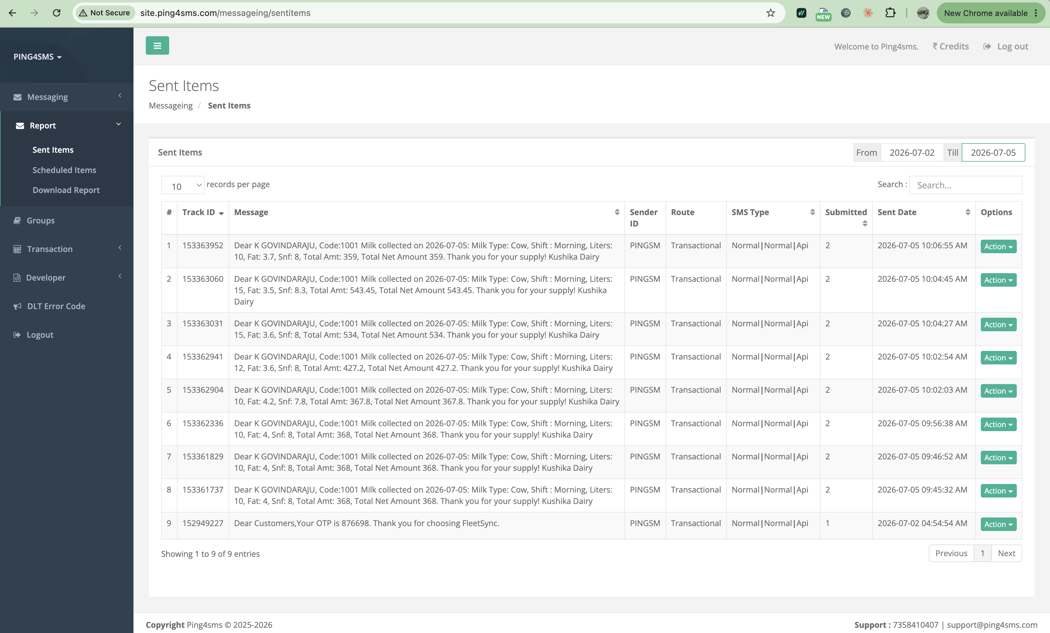 PING4SMS Sent Items Dashboard